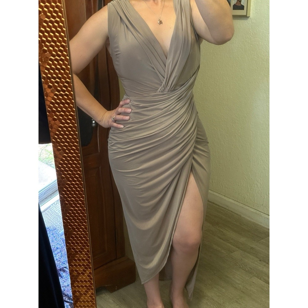 Jaide Ruched Wrap Event Midi Dress Deep V Slit Medium Mushroom USA Made Stretchy